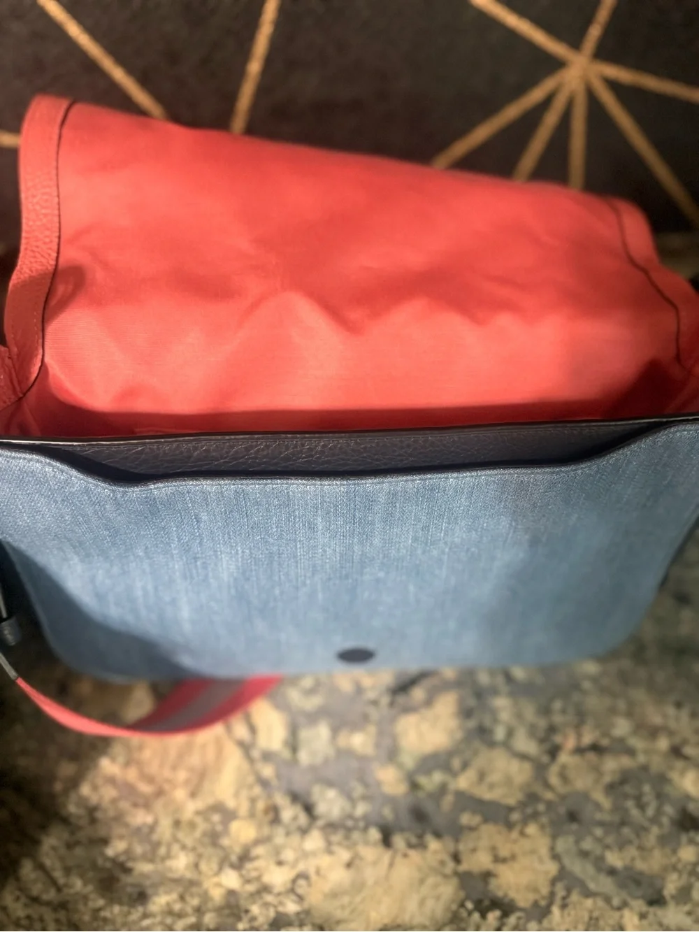 Coach Light Blue Denim Crossbody with Pink Webbed Strap